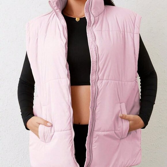 Pink Casual Women's Stand Collar Quilted Sleeveless Puffer Vest Jacket - Picture 3 of 6